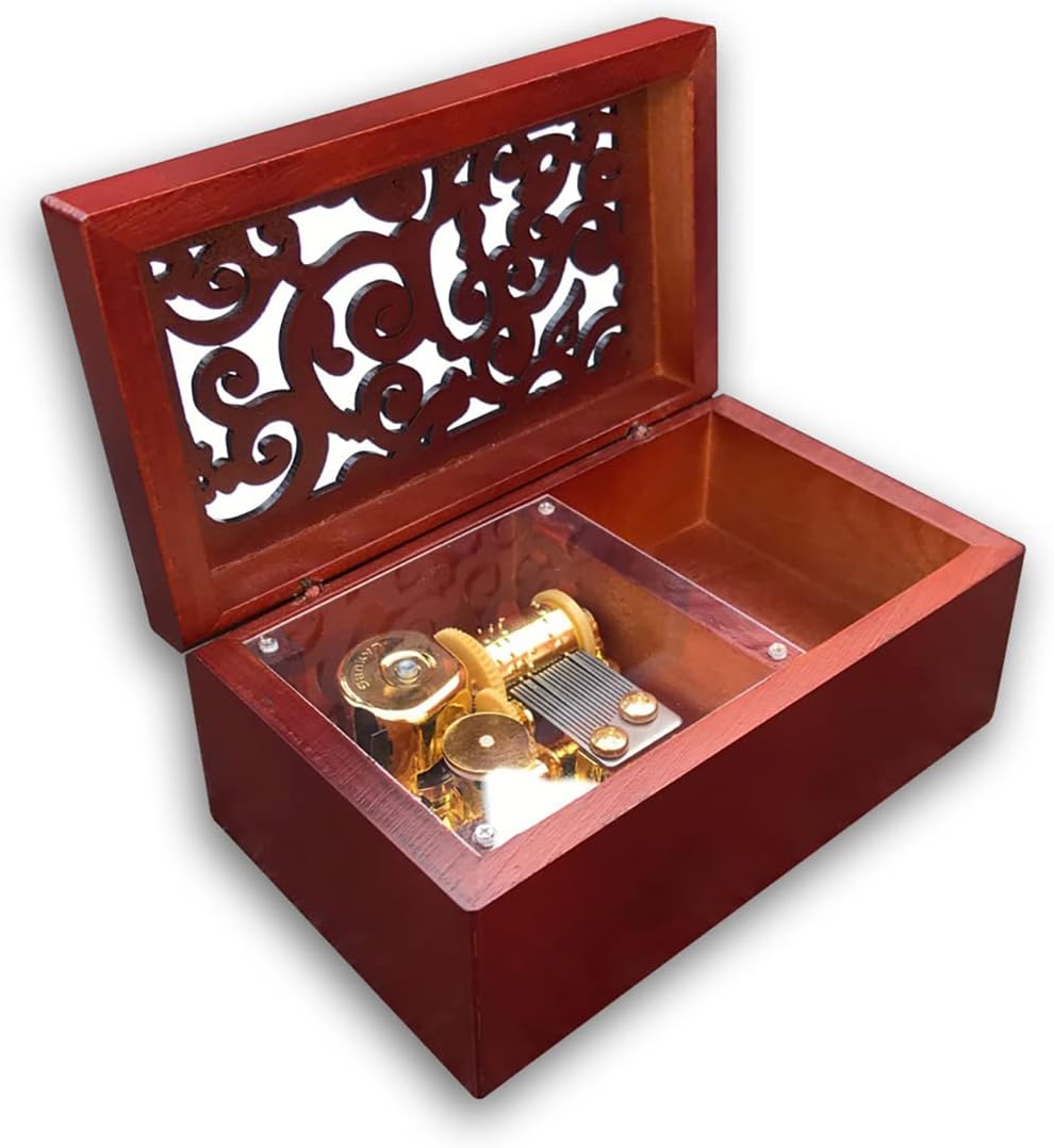 BinkeGG Caja de joyería de madera ahueca hacia fuera la caja de música con el mecanismo musical de Sankyo Tune La bella y la bestia