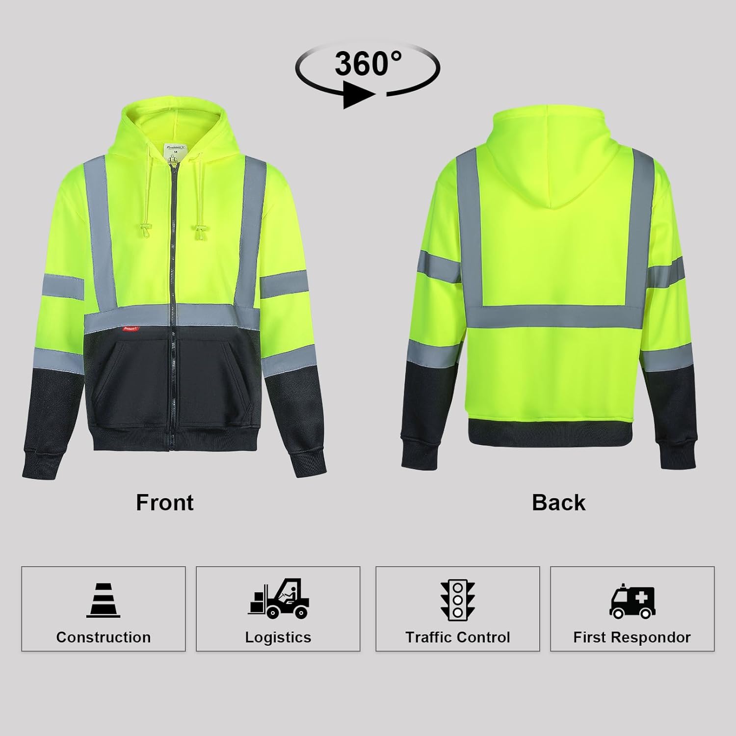ProtectX Sudadera de seguridad de alta visibilidad clase 3 para hombre, sudadera reflectante con bolsillo grande para construcción y trabajo