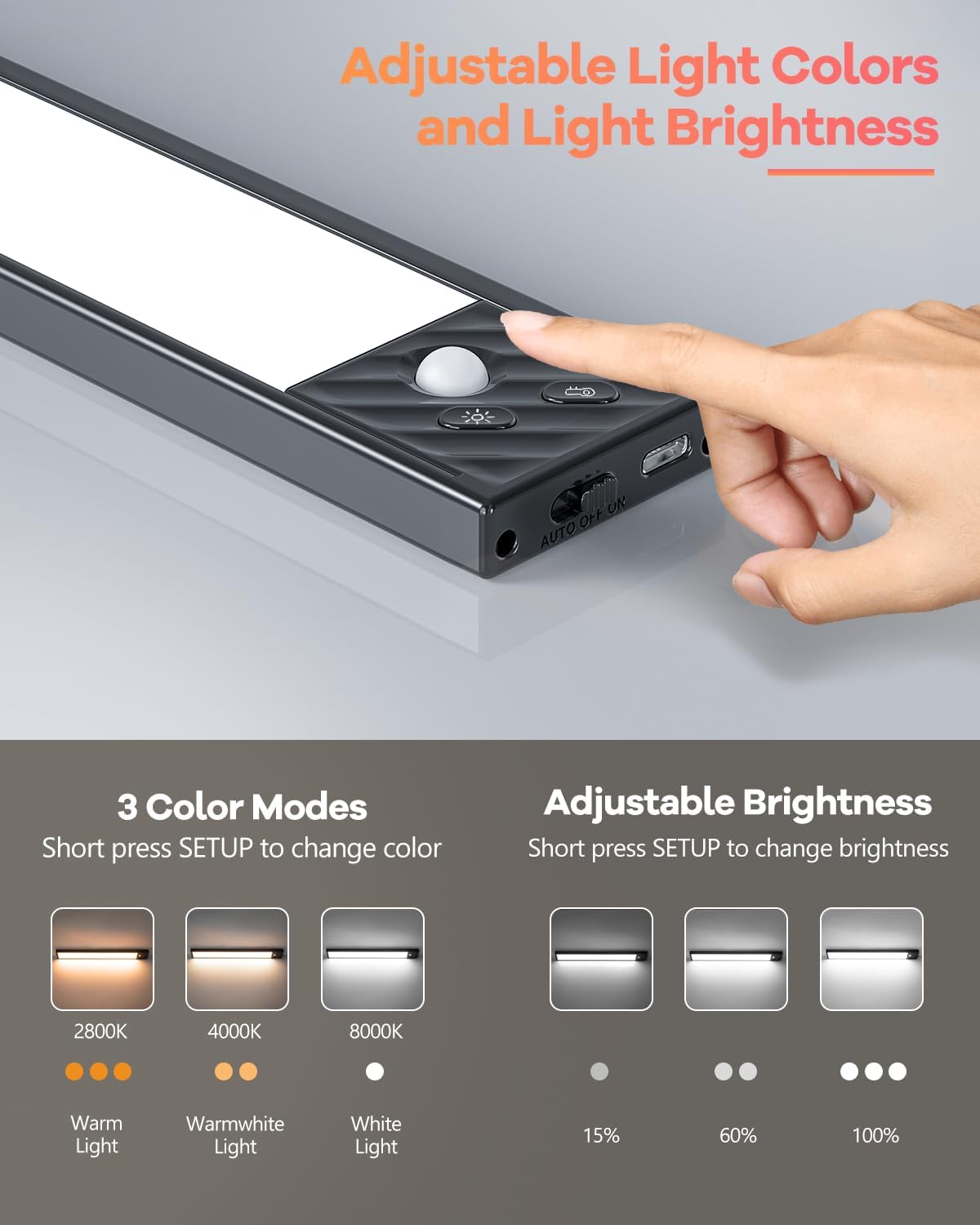 2023 65 luces LED con sensor de movimiento para interiores, 3 temperaturas de color, 1 paquete de iluminación regulable debajo del gabinete, luces