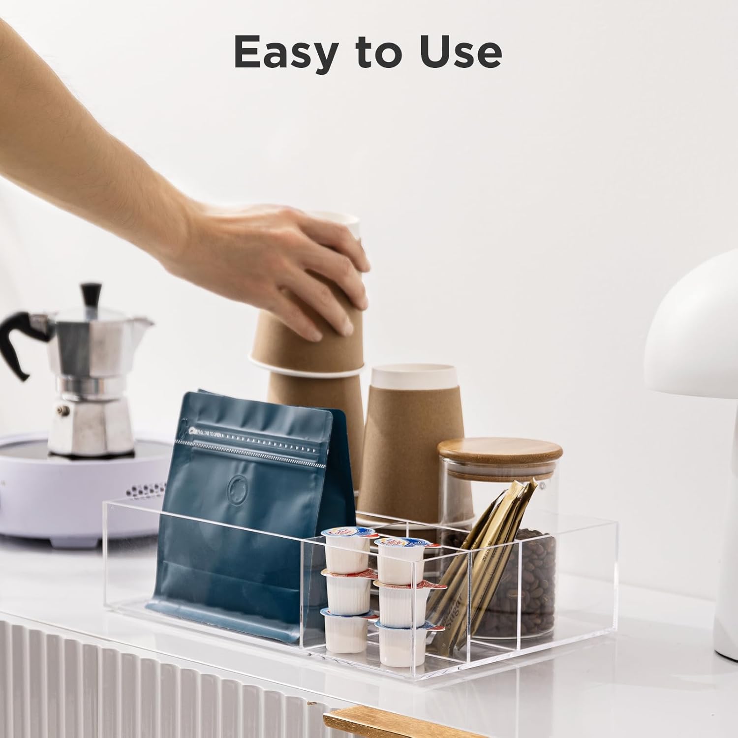 Organizador de estación de café de acrílico para encimera, organizador de almacenamiento de condimentos de café y té con 4 compartimentos,