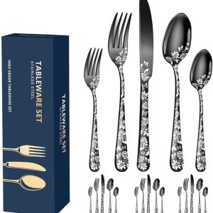 Aoresac – Juego de cubiertos de 20 piezas para 4, diseño de flores de mariposa, esmalte de espejo, tenedores, cucharas y cuchillos, para el hogar y Aoresac – Juego de cubiertos de 20 piezas para 4, diseño de flores de mariposa, esmalte de espejo, tenedores, cucharas y cuchillos, para el hogar y