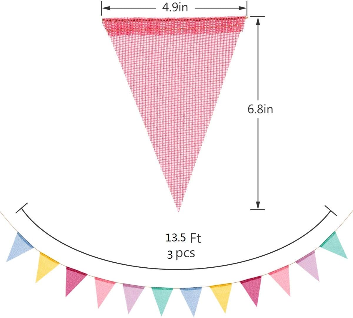 Banderín de arpillera de imitación de 72 banderines de tela multicolor triángulo banderines para fiesta de verano y festival, decoración colgante de
