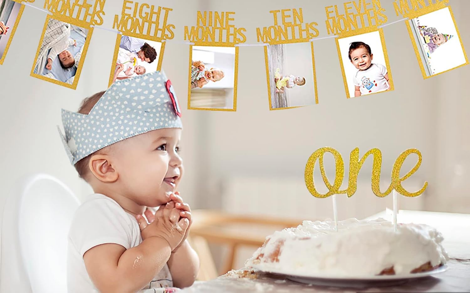 Cartel de fotos de bebé de primer cumpleaños para recién nacido a 12 meses, con pancarta para silla alta, guirnalda de fotos de hitos mensuales,
