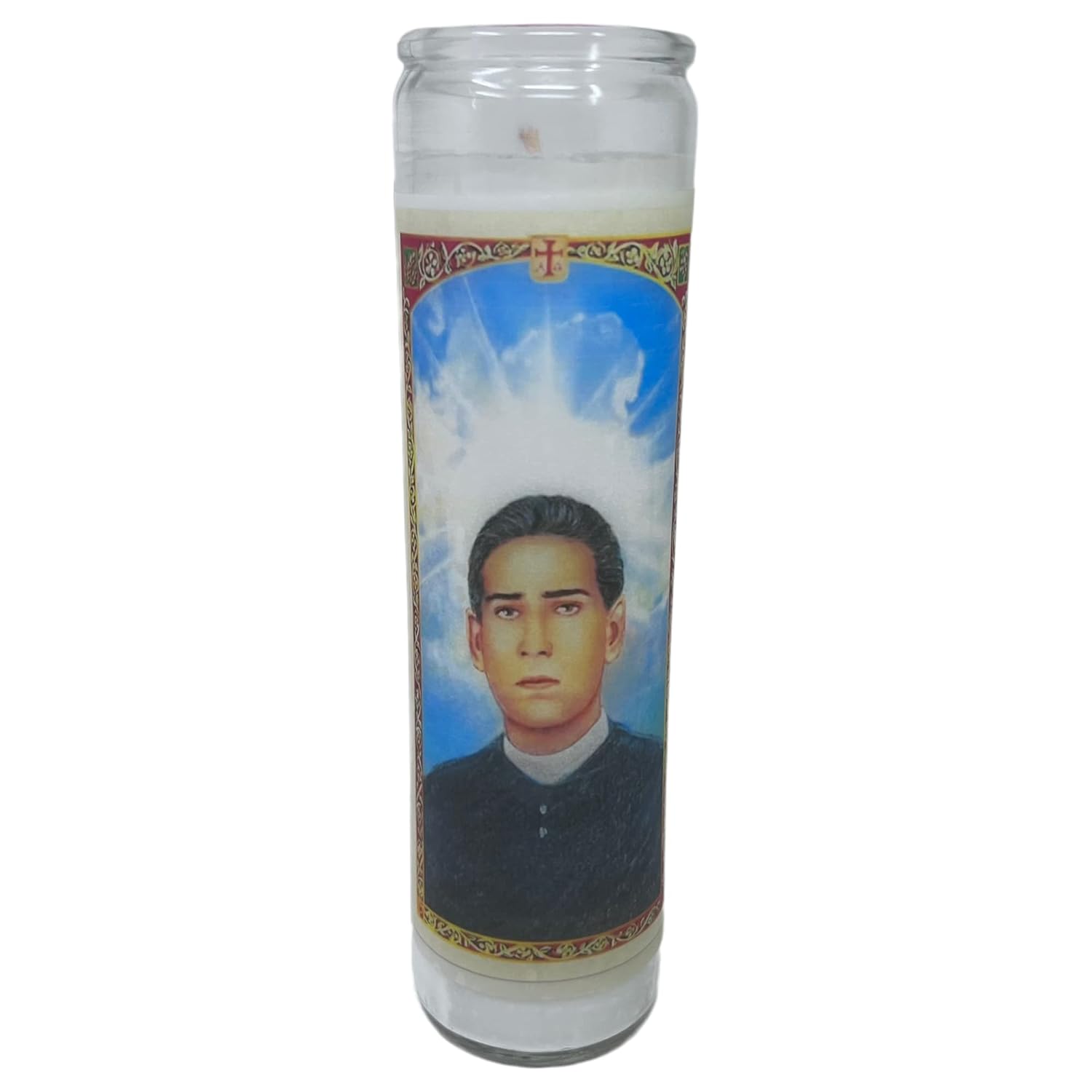 veladora de rezo Santo toribio Romo Patrono de los inmigrantes oración en español al reverso veladora blanca sin aroma
