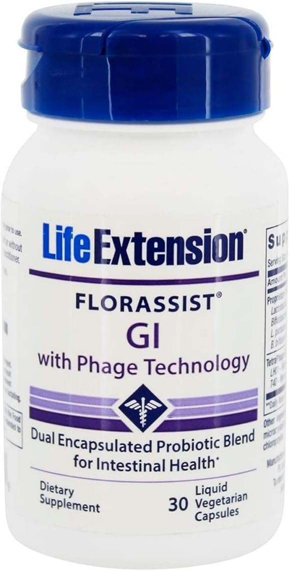 Life Extension FLORASSIST GI con tecnología Phage, 30 cápsulas vegetarianas líquidas. Paquete de 1 botella