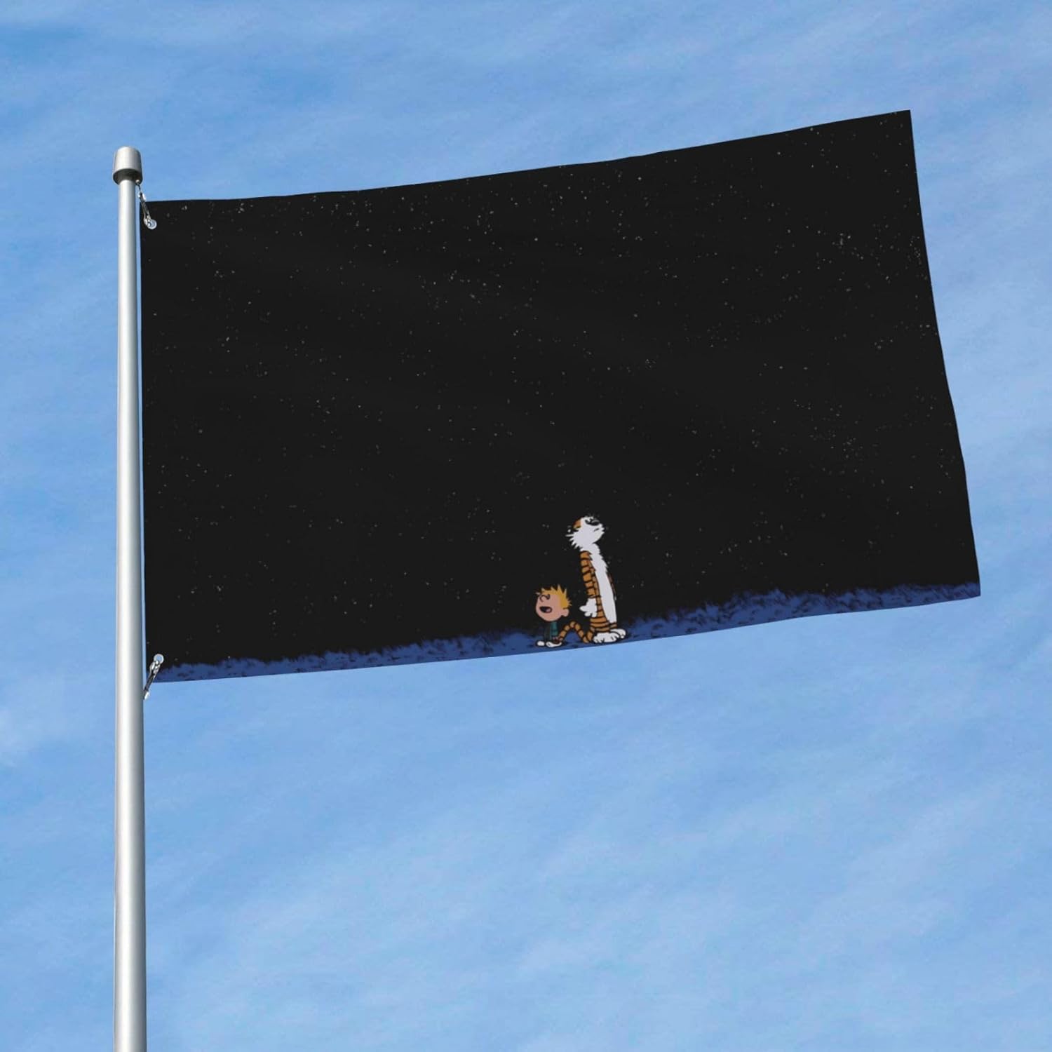 Calvin Comic and Hobbes – Bandera de jardín para exteriores de 3 x 5 pies, linda bandera de dibujos animados para dormitorios universitarios,