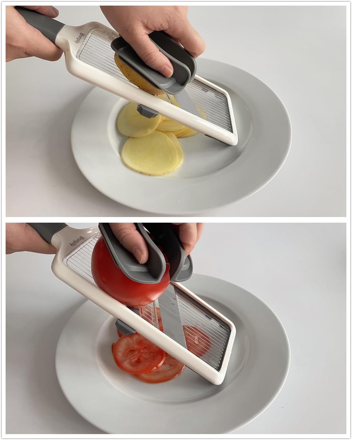 Mandolina ajustable de mano, con agarre para alimentos y cuchillas ajustables, apta para lavavajillas, gris