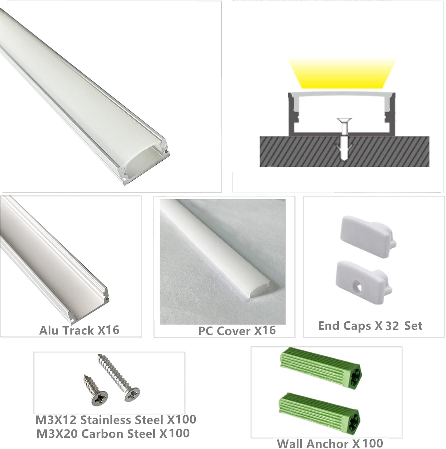 THMOOTHER Difusor de canal LED en forma de U de 6.56 pies preperforado, paquete de 8 perfiles de aluminio con cubierta lechosa, montaje en