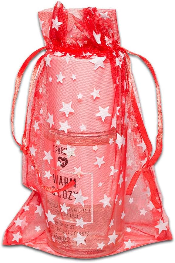 The Display Guys – Paquete de 100 bolsas de regalo de organza transparente de 4 x 6 pulgadas con cordón (mediano), estrellas metálicas (rojoblanco)