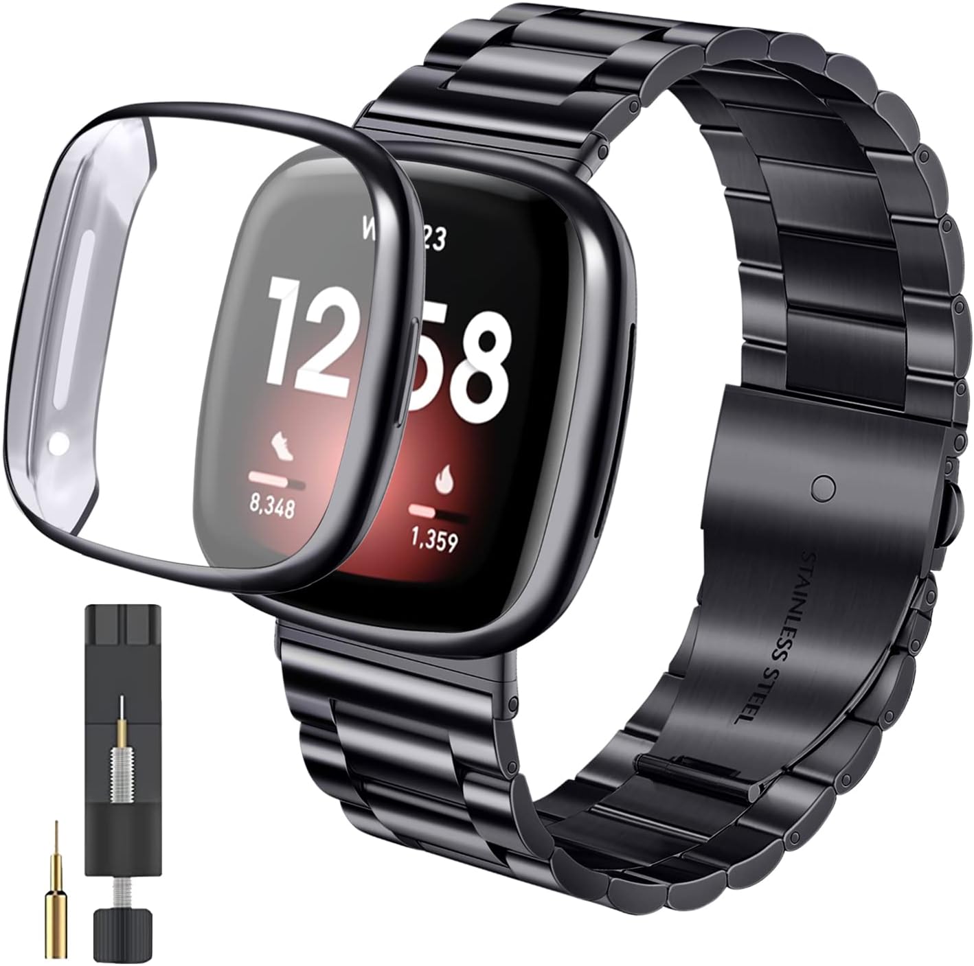 ZPJPPLX Correa de acero inoxidable sólido para Fitbit Versa 4Sense 2 con funda de reloj, correas de repuesto de metal Versa 3Sense y funda