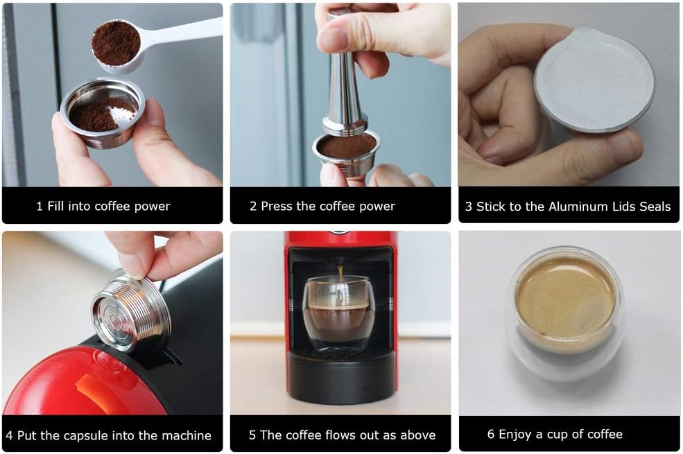 Cápsulas de café recargables de acero inoxidable, juego de filtros reutilizables de cápsula de espresso con tapas, cuchara y cepillo para máquina de