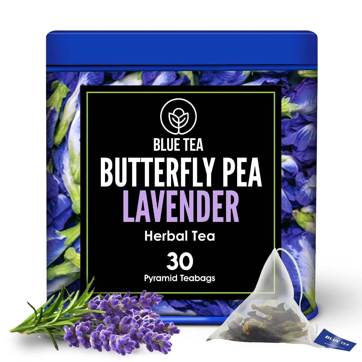 BLUE TEA – Té de lavanda con flores de guisante de mariposa – 30 bolsas de té pirámides  Sin cafeína – calmante y alivio del estrés  Para colorante