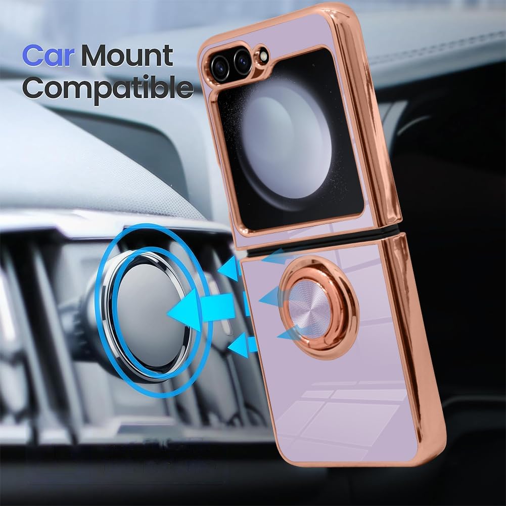 SAKUULO Funda para Samsung Galaxy Z Flip 5 con soporte de anillo magnético de rotación de 360, chapado brillante, borde dorado, suave, delgado, a