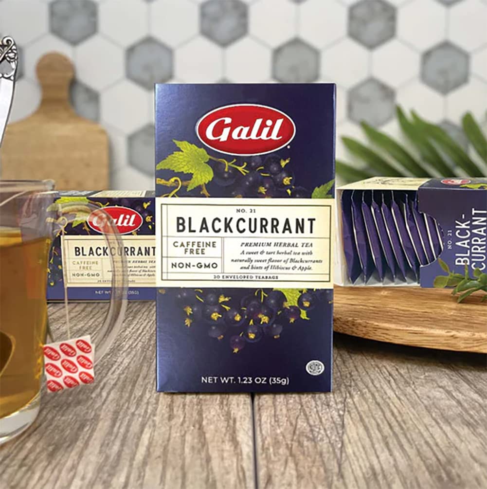 Galil Té de grosella negra, paquete de 3, té de hierbas sin cafeína, té Kosher certificado, bolsas de té de frutas sin OMG, 20 unidades, 60 bolsitas