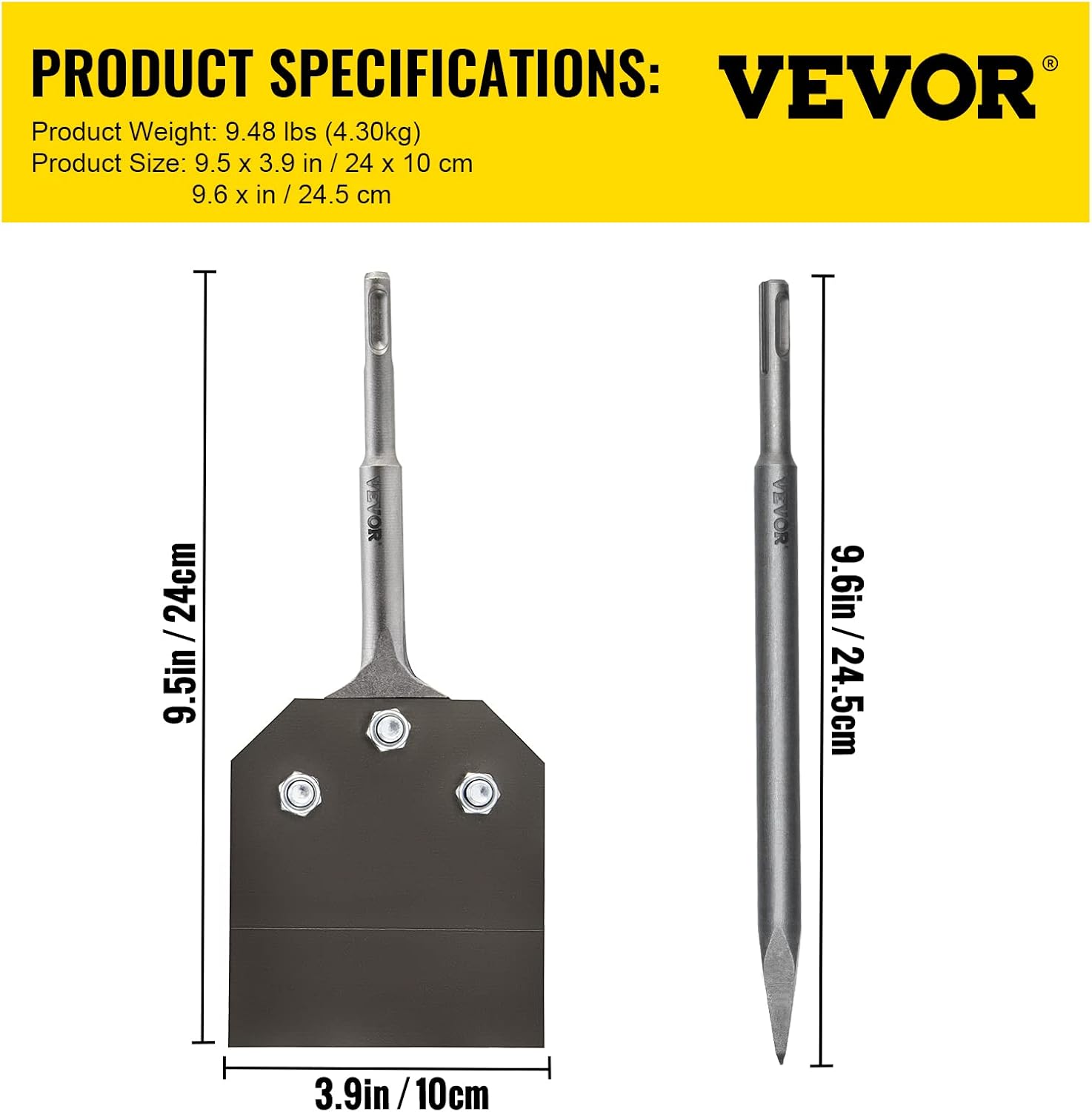 VEVOR SDS Plus – Rascador de suelo, hoja de 3.9 pulgadas de ancho, broca de mango largo de acero 40Cr de 9.5 pulgadas con cincel de punta, martillo