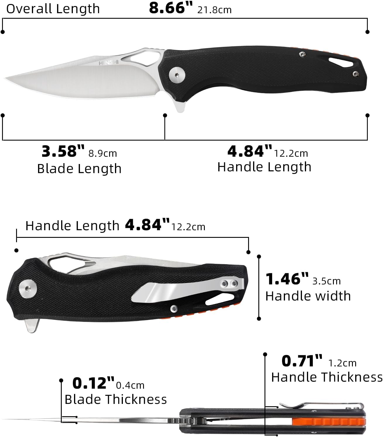 HANSHI Cuchillo de bolsillo plegable y afilado de hoja de acero D2 G10 de alta calidad con clip para hombres, cuchillo táctico de afeitar para