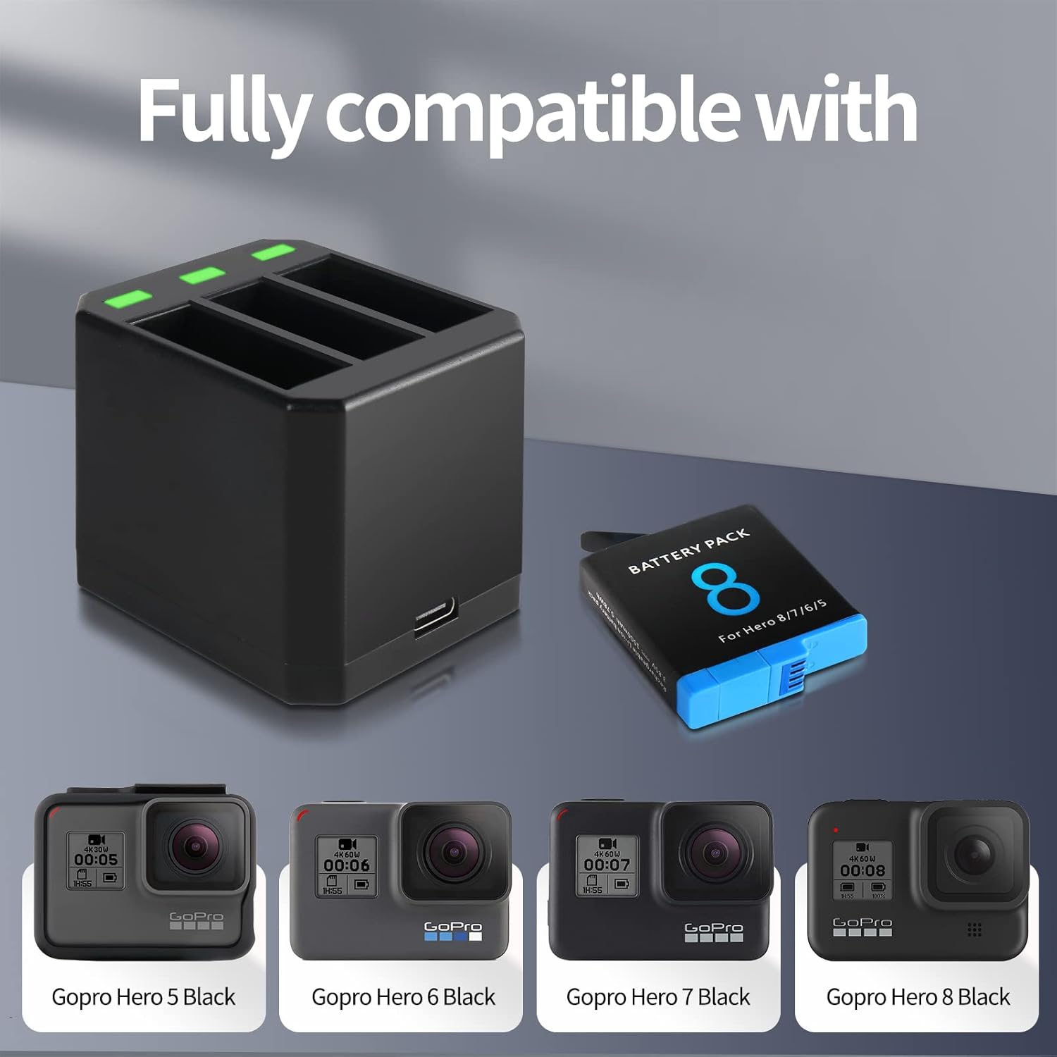 Seternaly Batería Hero 87 (paquete de 3 1500 mAh), cargador de baterías de repuesto compatible con GoPro Hero 8765 y Hero 2018