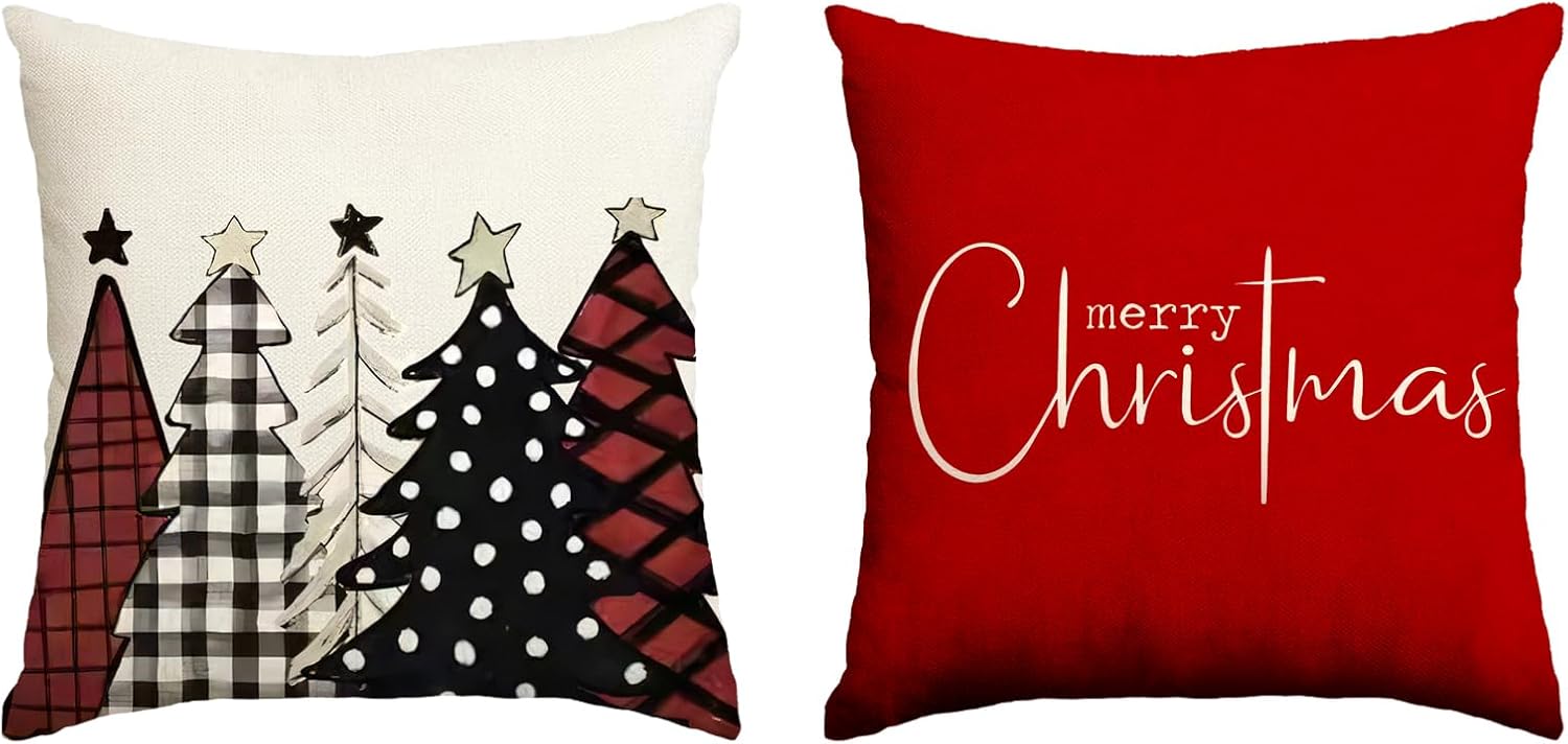 Juego de 2 fundas de almohada de 18 x 18 pulgadas con diseño de árboles de Navidad rojos, lavables a máquina, suaves, para el hogar, sala de estar,