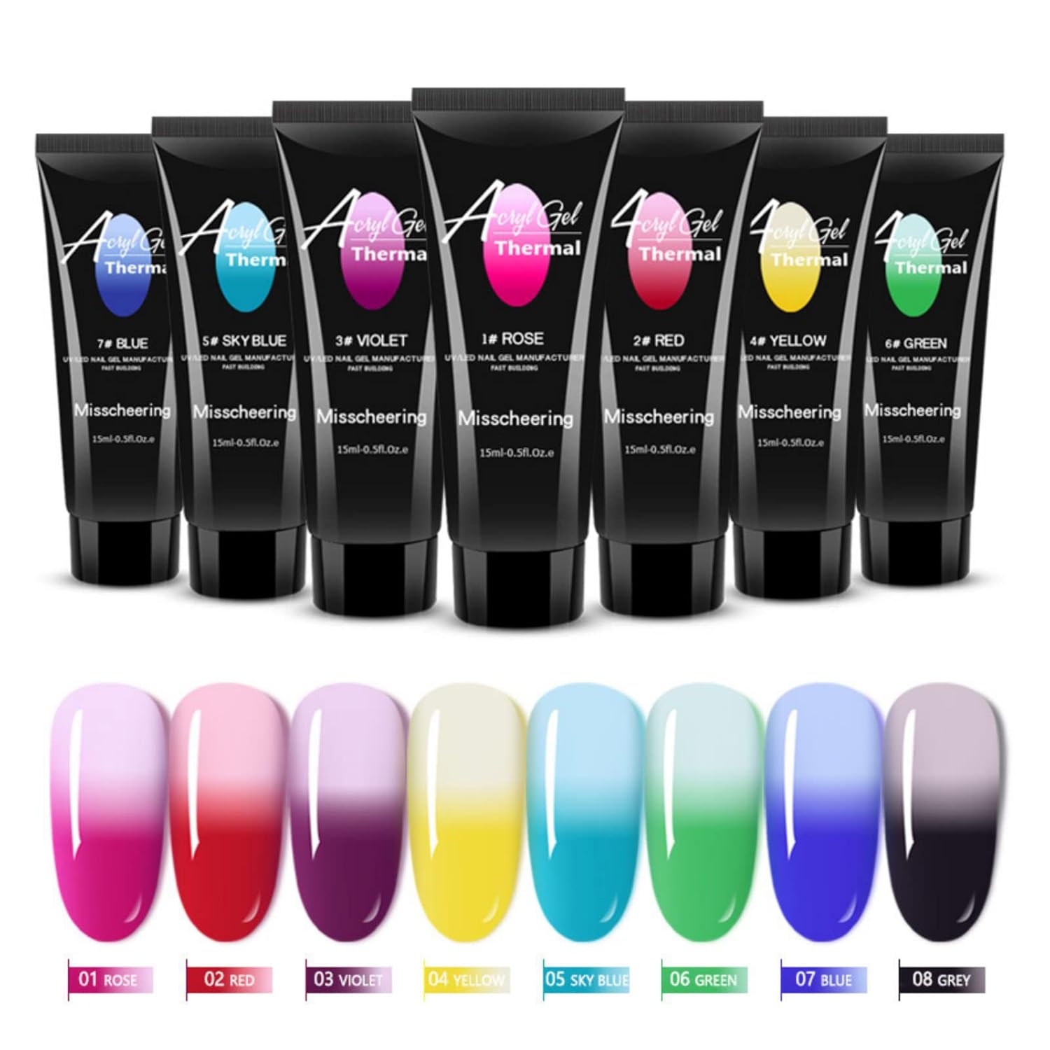 Kit de gel de uñas de 0.5 fl oz, 8 colores constructores de esmalte de uñas de gel de uñas con purpurina, extensión acrílica que cambia de color