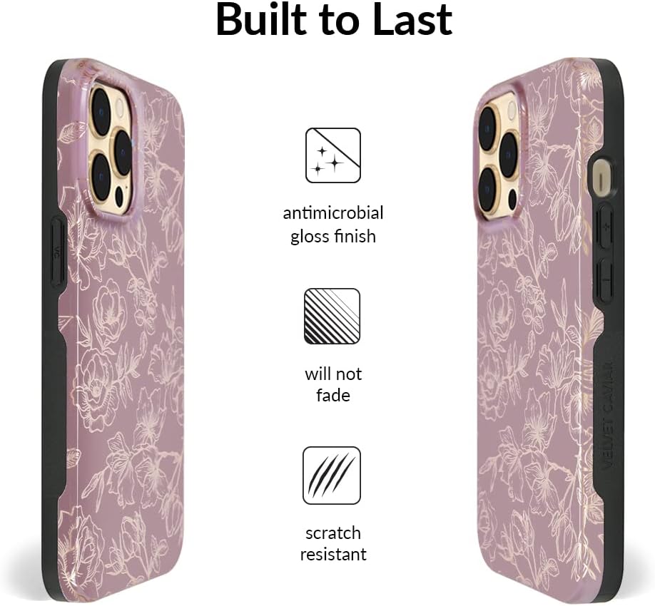 Velvet Caviar Funda diseñada para iPhone 14 PRO floral, probada en caídas de 10 pies, compatible con MagSafe, forro protector de microfibra (morado,