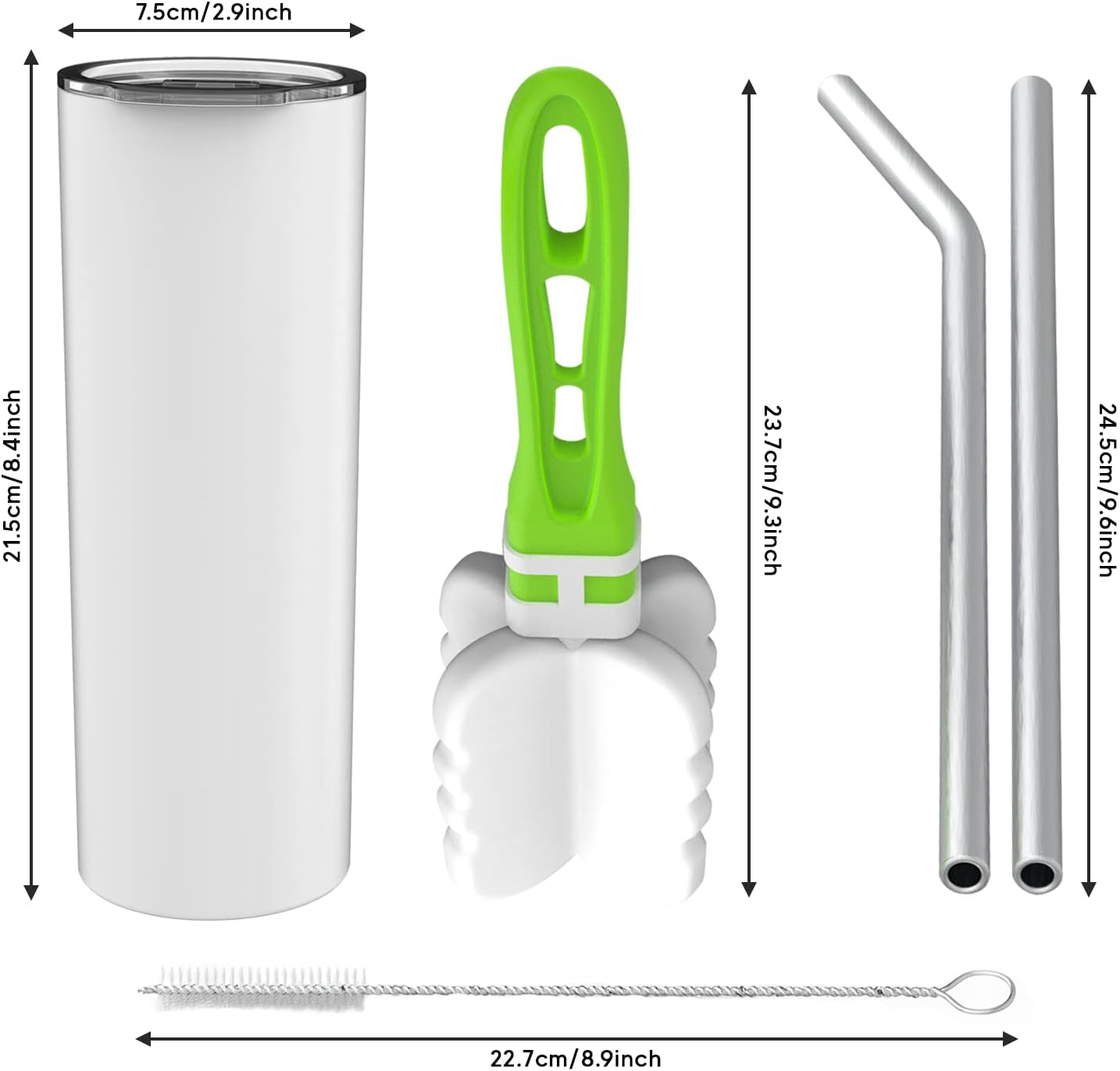 Vasos delgados de 20 onzas con tapas, popotes y cepillos de limpieza, vaso aislado de acero inoxidable para bebidas frías y calientes, una taza de
