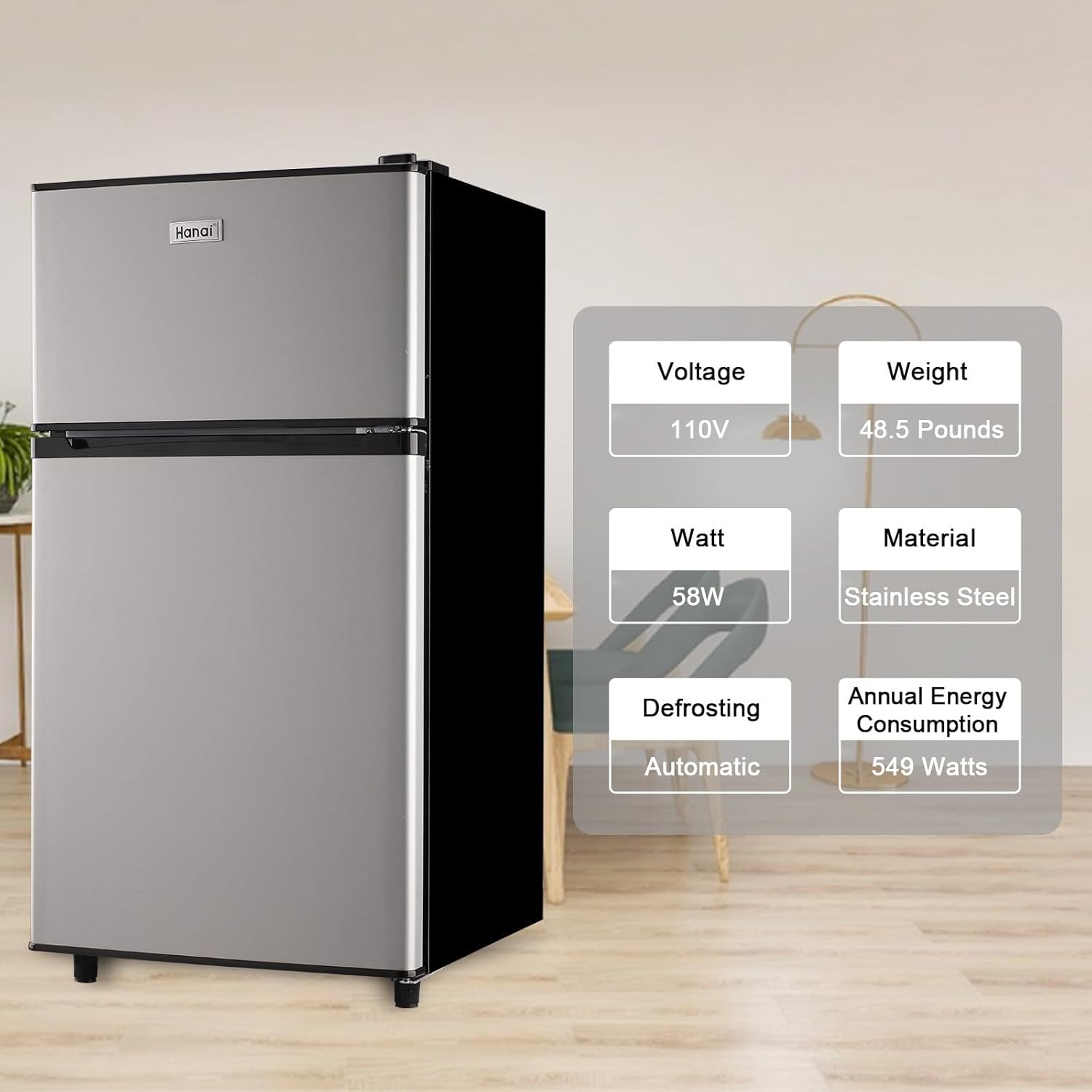 WANAI Refrigerador compacto de 3.5 pies cúbicos, refrigerador clásico retro de 2 puertas, mini refrigerador ajustable con estantes de vidrio