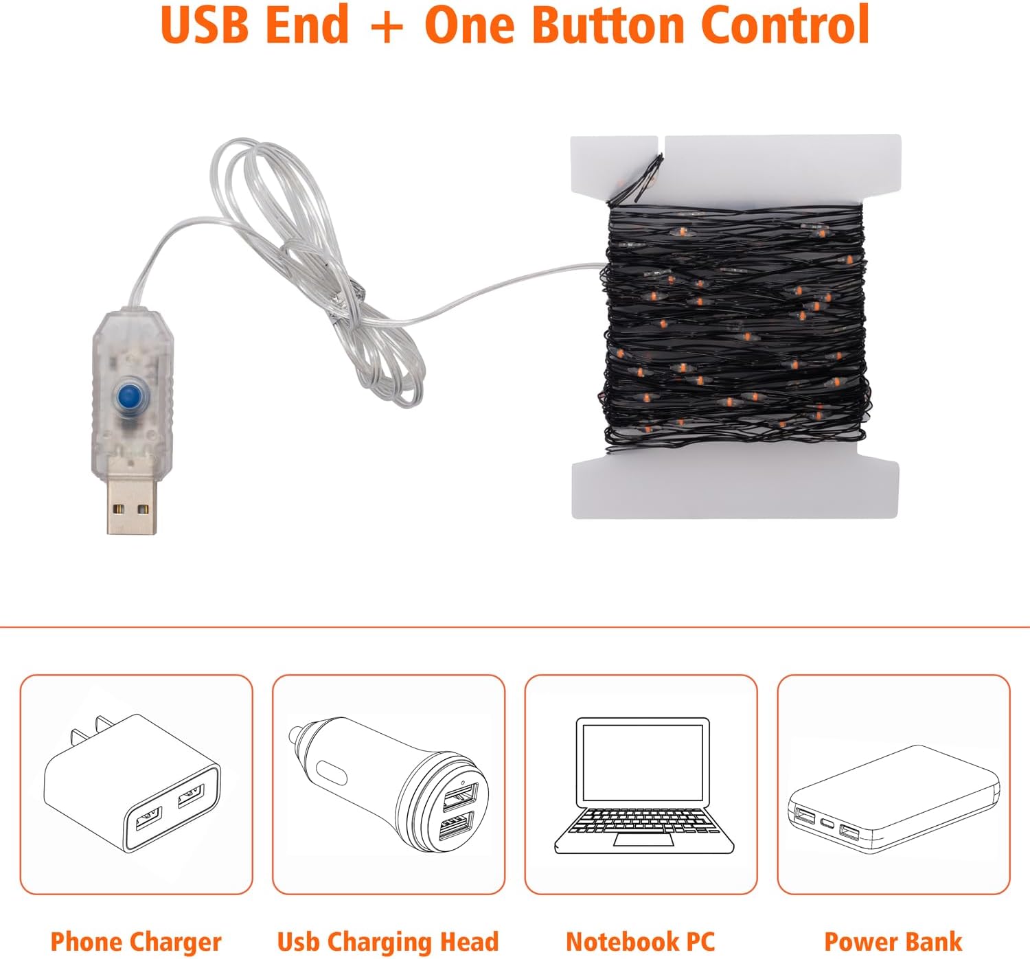 Beingreat – Guirnalda de luces USB, paquete de 2 mini luces LED de 33 pies con 8 modos para Halloween, Navidad, Pascua, naranja