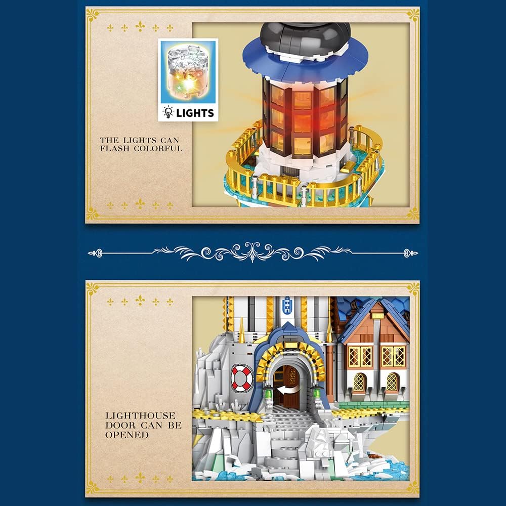 MISINI Ideas 66028 – Juego de construcción de faro medieval para adultos con kit de luz, 3228 edificios modulares PCSMOC, juguetes de construcción