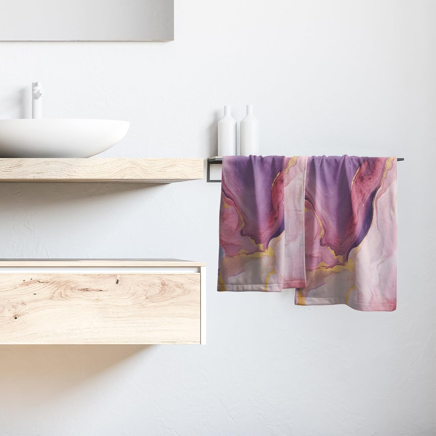 Toalla de mano de mármol rosa púrpura  Juego de 2 toallas de baño de tinta de mármol con textura de piedra dorada, pintura abstracta, hermoso