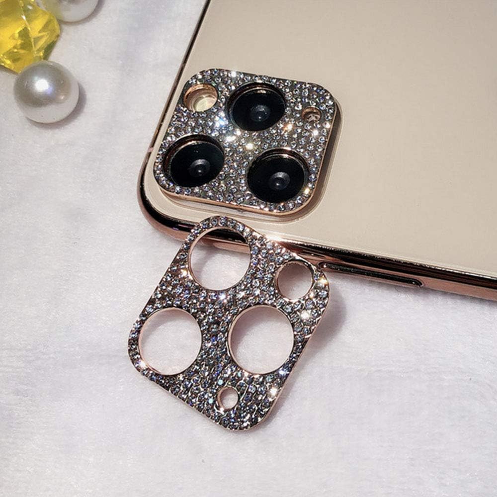 GSRYPC Paquete de 2 protectores de lente de cámara para iPhone 12 Pro Max, adhesivo con purpurina 3D con diamantes (oro rosa)