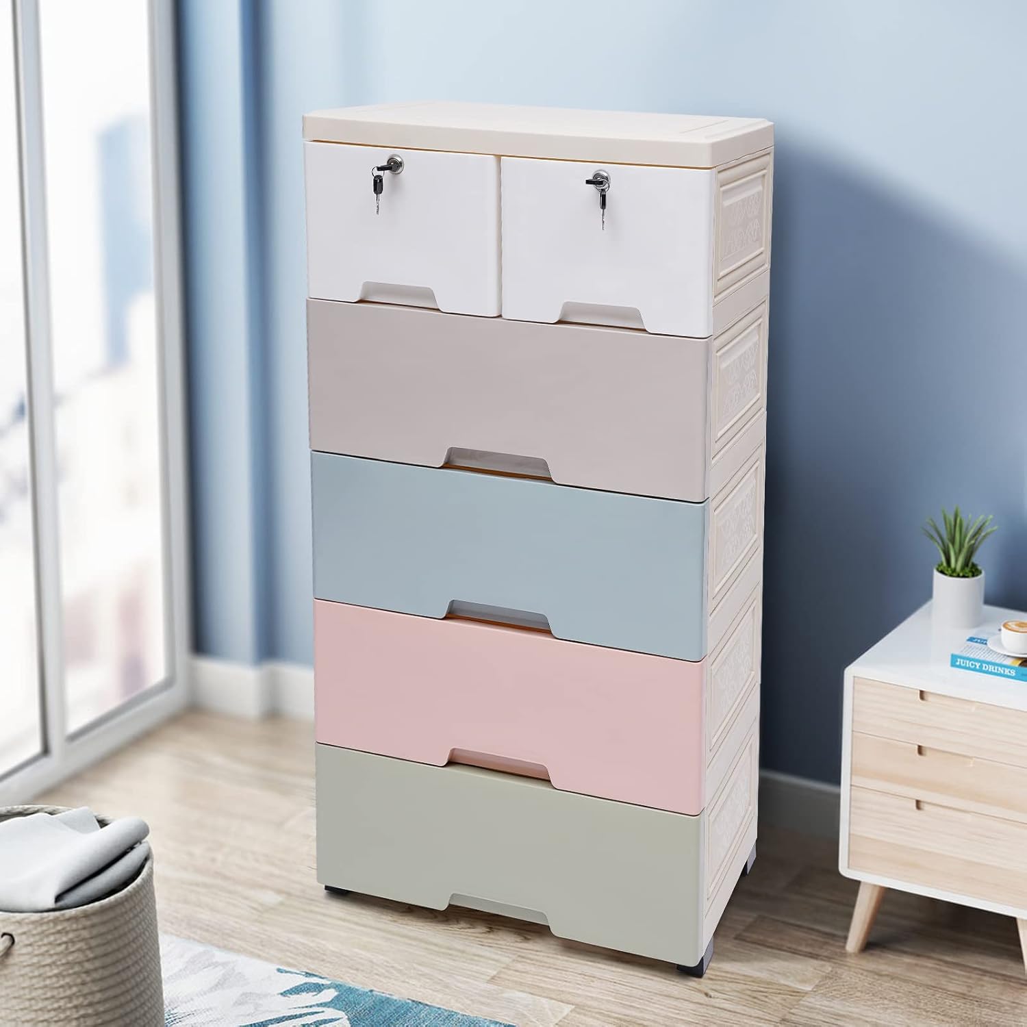 Cómoda de plástico con 6 cajones, cómoda de plástico, organizador de almacenamiento para niños con ruedas, adecuado para dormitorios, 19.69 x 13.78