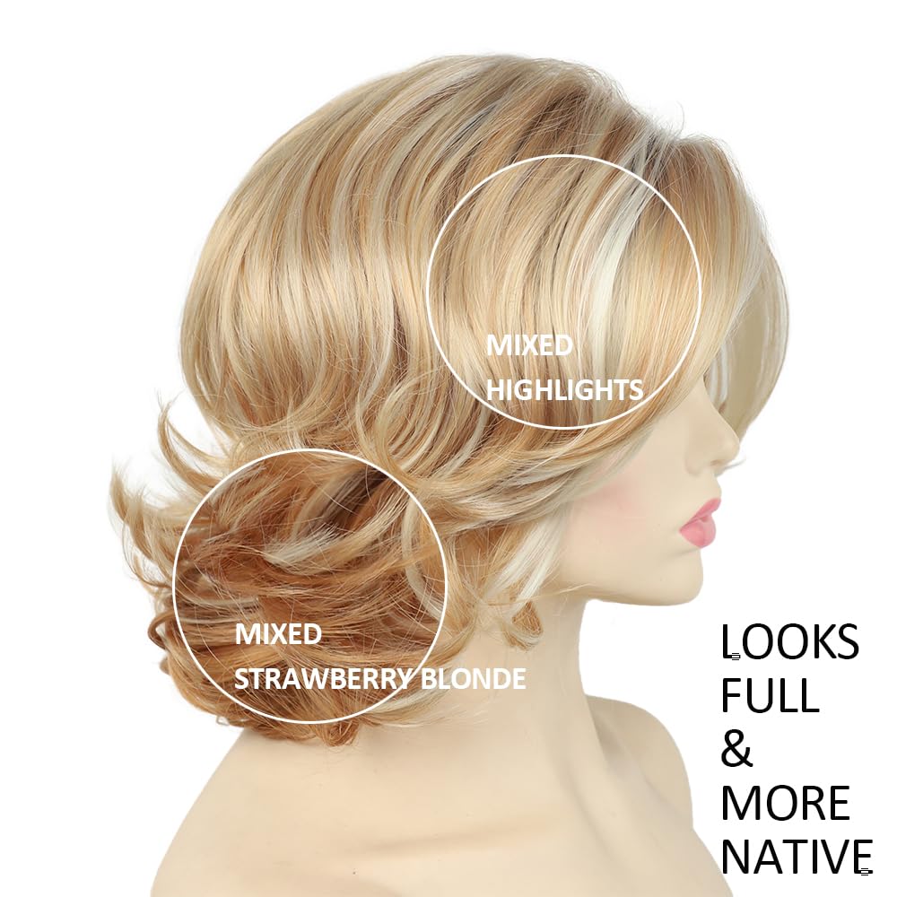 Beimer Peluca corta rubia rizada estilo Bob para mujer, longitud hasta el hombro, peluca ondulada con raíces oscuras en capas, peluca sintética de
