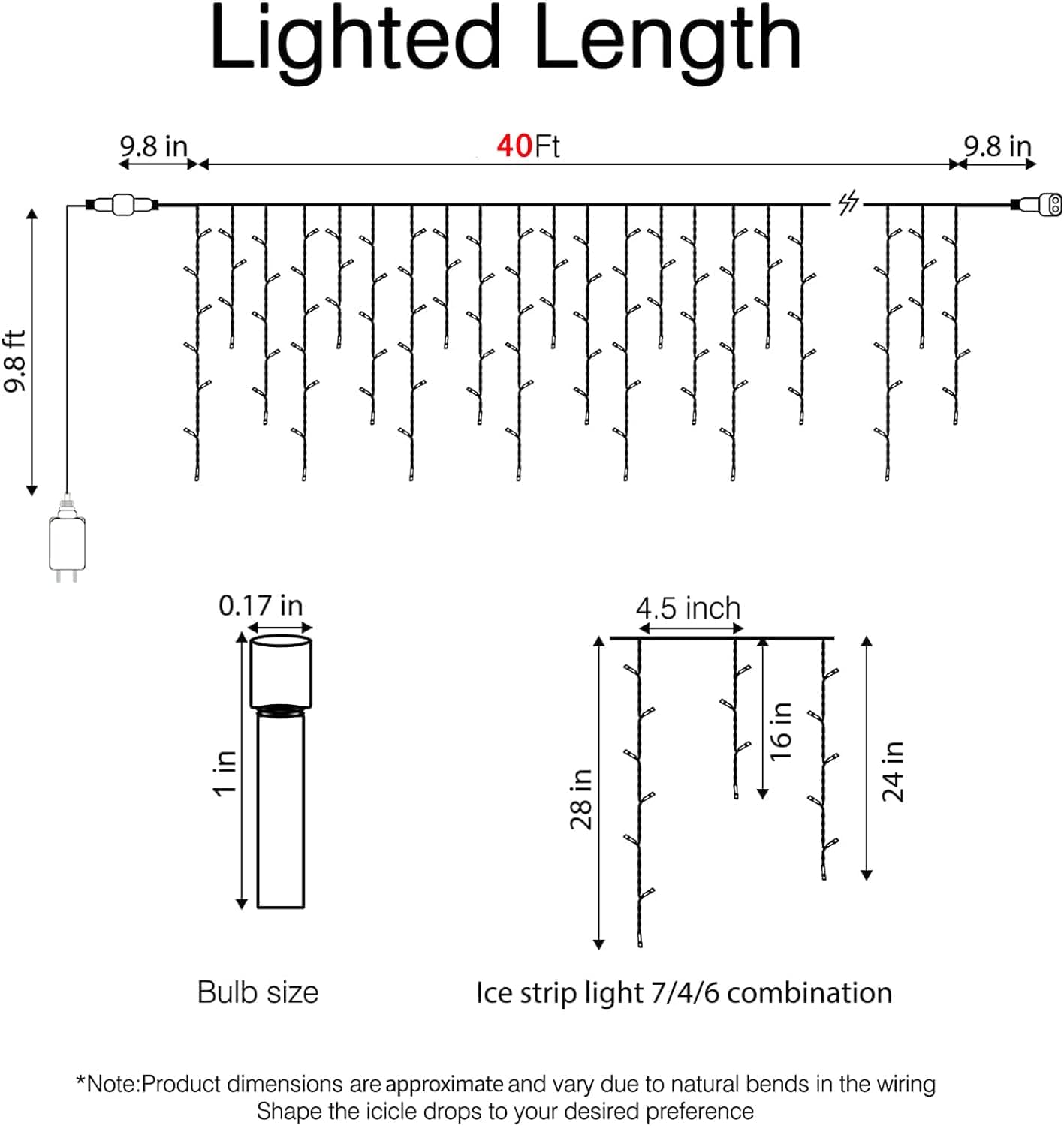 Luces de Navidad de carámbano para exteriores, 40 pies, 612 luces LED de carámbano con 108 gotas, tira de luces de carámbano con control remoto,
