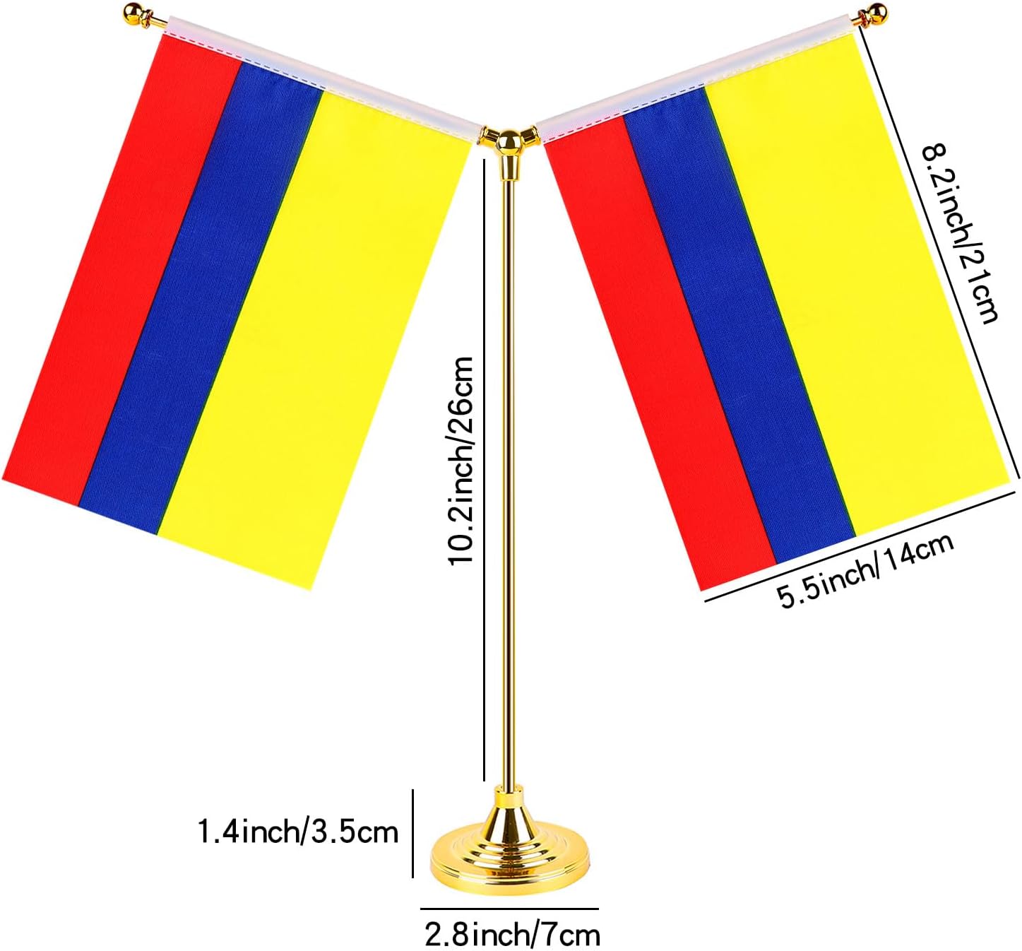 Bandera colombiana de escritorio con bandera de Columbia, pequeñas banderas de mesa de oficina de Columbia con base de soporte, palo de metal