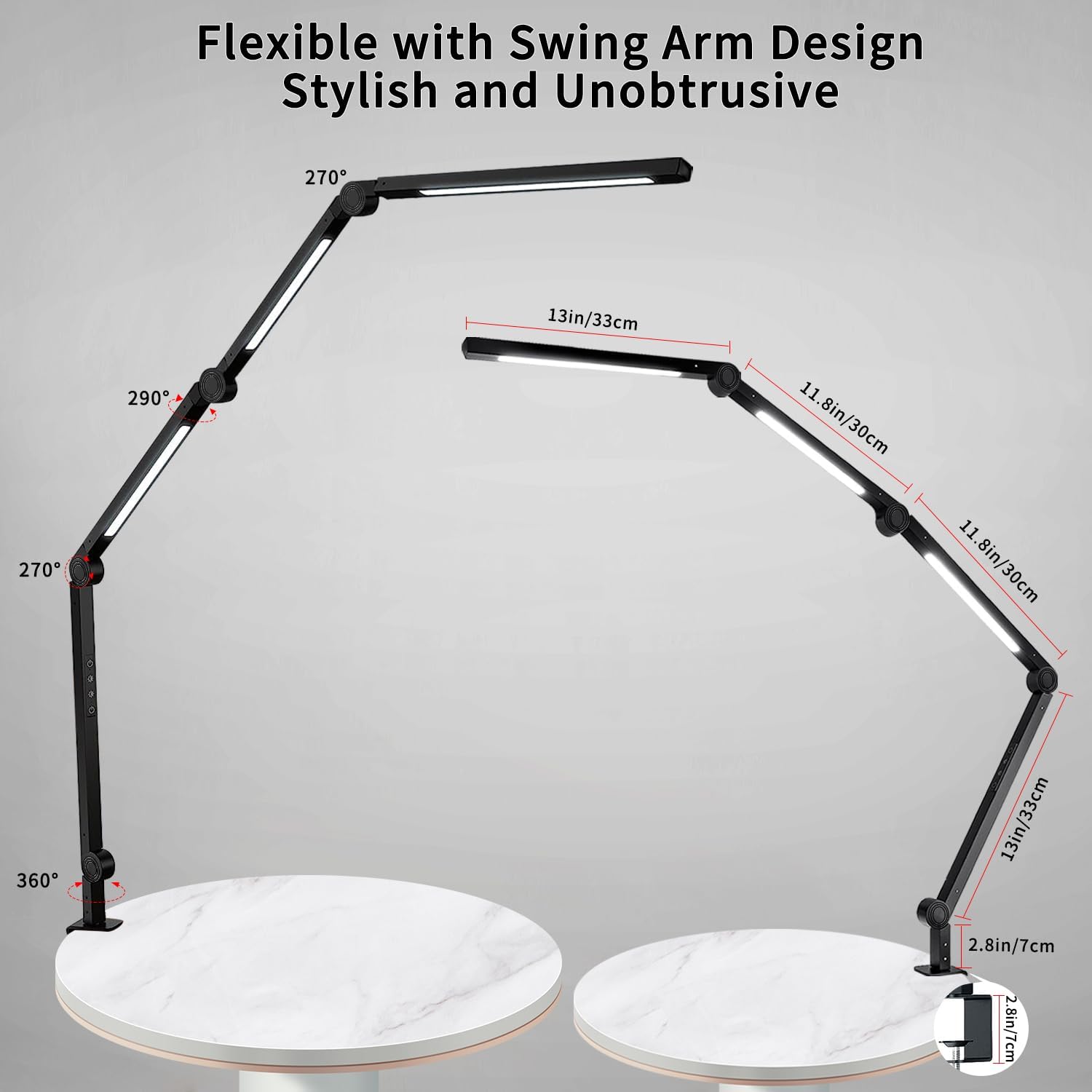 LED Desk Lamp with Clamp Flexible 4 sections Swing Arm Three light sources desk light, 4 Color Modes & 5 Brightness, Eye Caring Led table light with