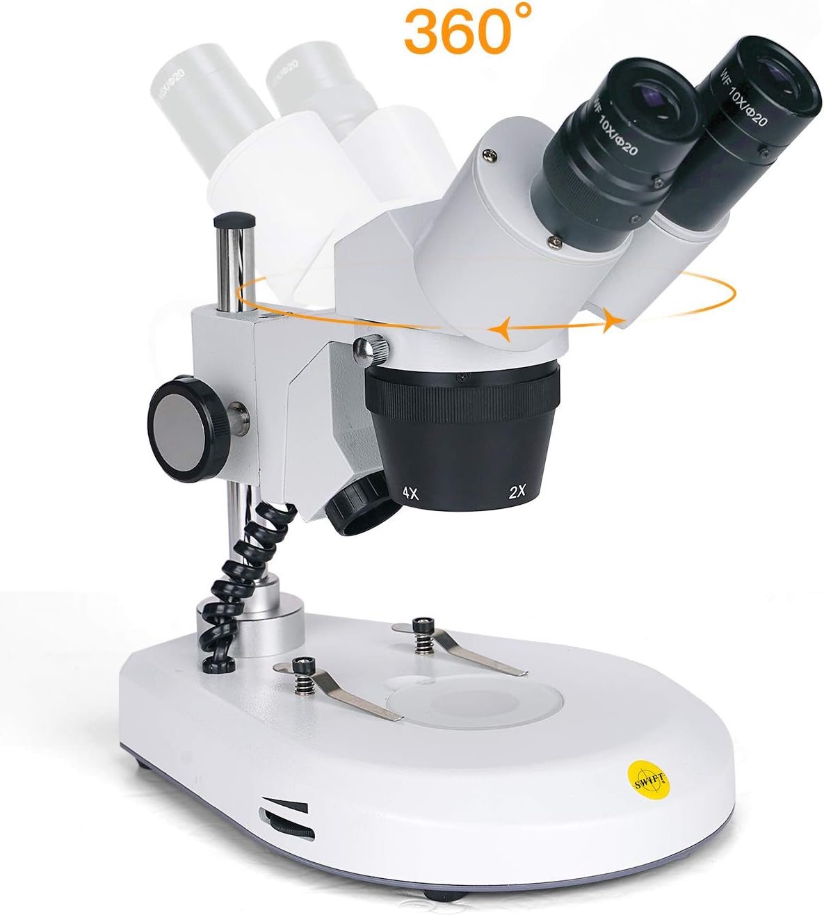 Swift S306S-20-2L 20X40X80X Ampliación delantera montada 360 microscopio estéreo binocular giratorio, oculares de campo ancho 10X y 20X, iluminación