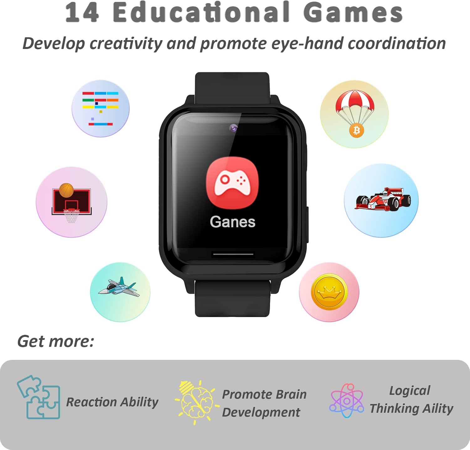 PTHTECHUS Reloj inteligente para niños  Reloj inteligente para niños y niñas con juego de música, reproductor de MP3, video HD, cámara selfie,
