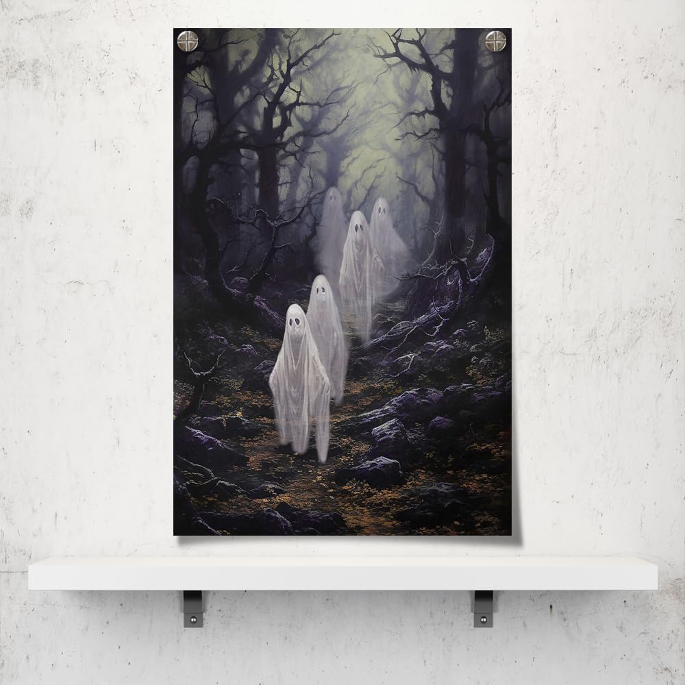 Lienzo vintage de Halloween, arte para pared, lindo fantasma en bosque de otoño embrujado, impresión gótica oscura, academia de Halloween,