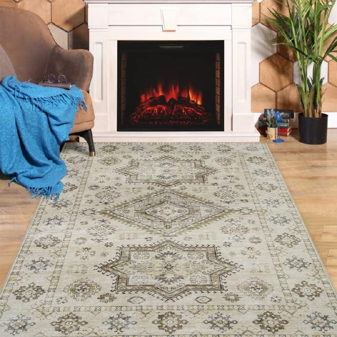 Fashionwu Alfombra bohemia de 5 x 8 pies, estilo oriental para dormitorio, tapete de baño, medallón envejecido, lavable a máquina, alfombra estética