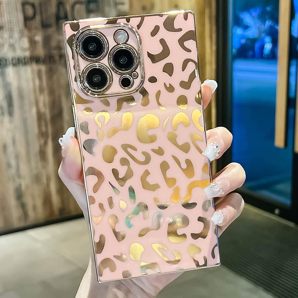 KERZZIL Elegante funda compatible con iPhone 14 Pro Max con borde cuadrado, bonito diseño de leopardo de lujo, protector de cámara, TPU suave, a