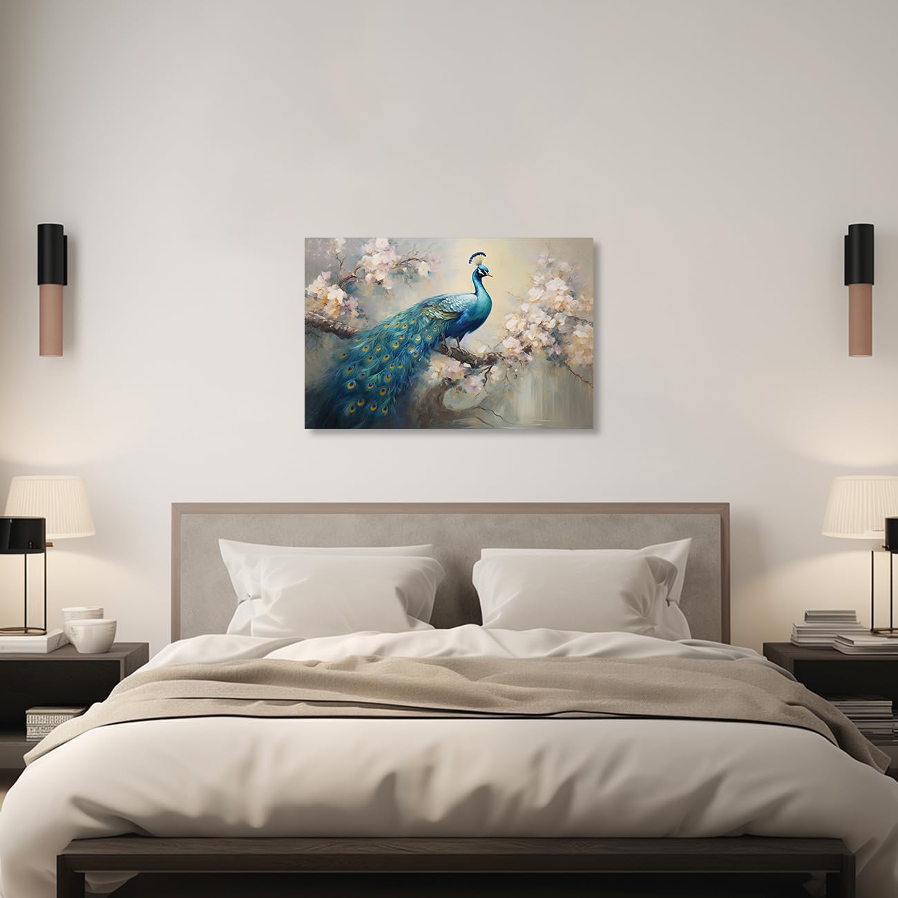 QIXIANG Lienzo decorativo para pared, diseño retro y elegante de pavo real sobre ramas de flores, impresiones de imágenes para decoración del hogar