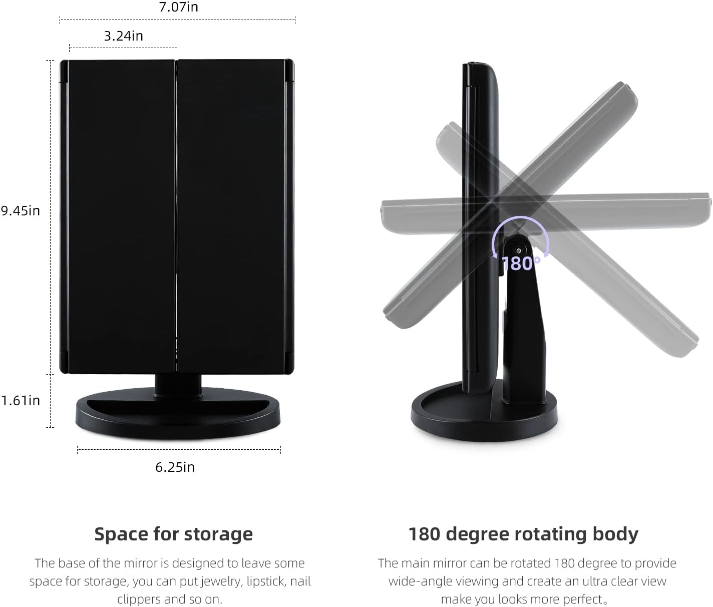 Essbhach Espejo de maquillaje con 21 luces LED, 4 ampliaciones y atenuación de pantalla táctil, rotación de 180 con doble potencia y brillo