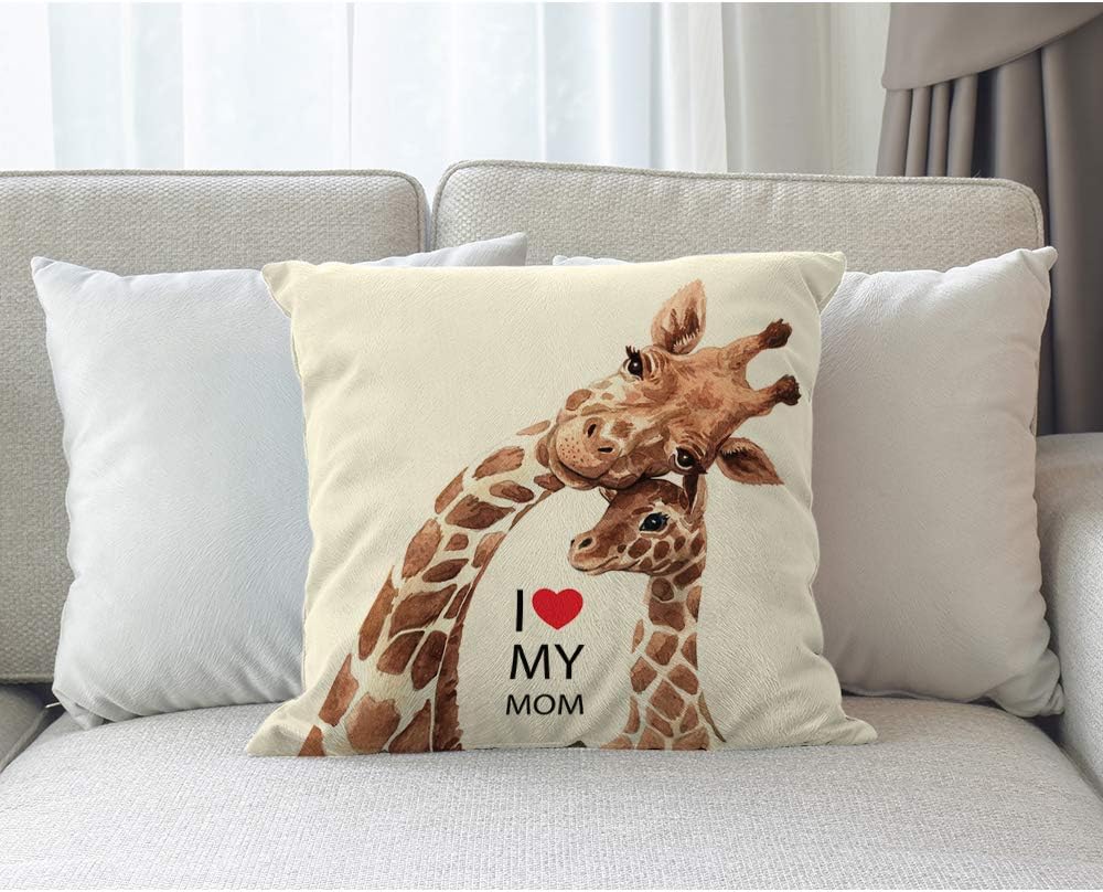 Moslion Giraffe Throw Pillow Cover with I Love My Mom Inspirational Quote Lettering Heart Safari Animal Square Pillow Case Cushion Cover for Home
