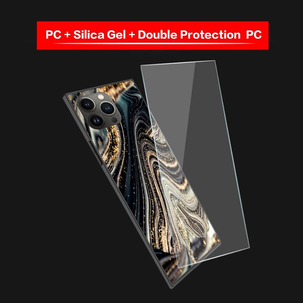 Funda cuadrada de lujo para iPhone 15 Pro Max, funda cuadrada con diseño de mármol de geoda de ónix negro y dorado para mujeres y hombres, funda de