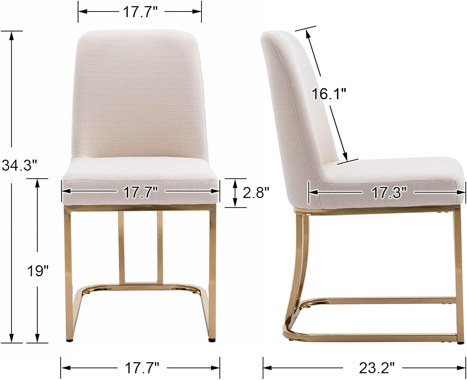 Wahson Juego de 2 sillas de comedor tapizadas de lino, silla clásica de tela moderna para comedor, con marco de metal dorado, beige