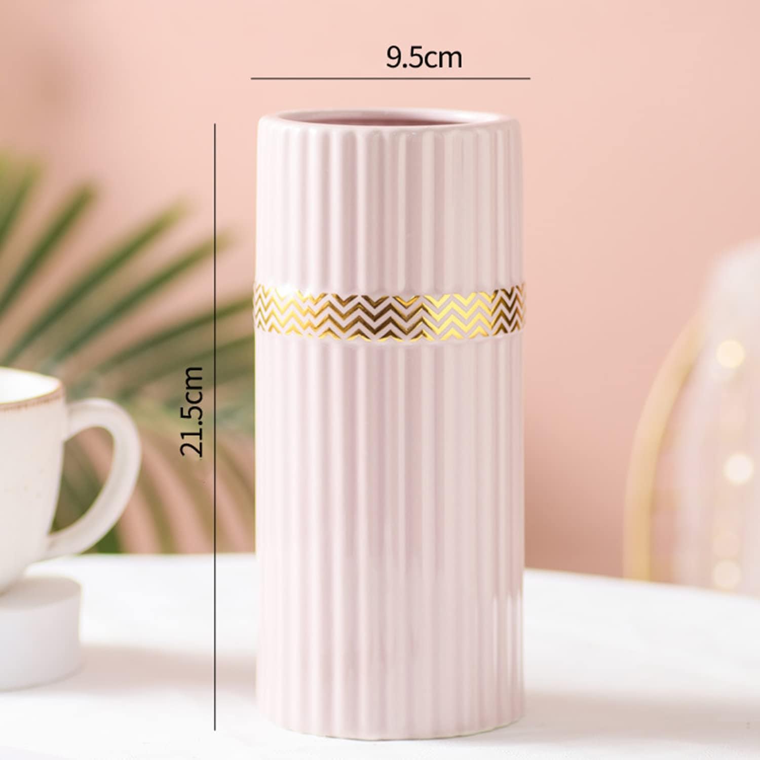 Disoza Jarrón de cerámica para decoración del hogar, jarrones de flores modernos rosas para sala de estar, 8.5 pulgadas de alto x 3.7 pulgadas de