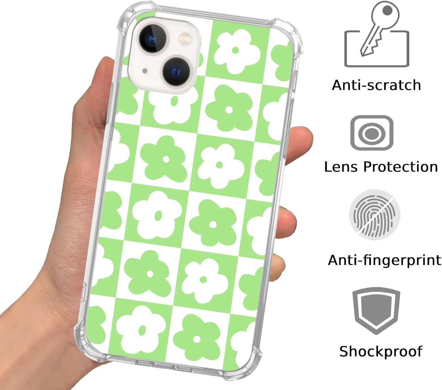 Funda con diseño floral retro verde pastel y blanco, compatible con iPhone 15, diseño de flores retro estéticas para iPhone 15, funda de TPU para