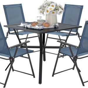 VICLLAX Juego de comedor de patio de 5 piezas, 1 mesa de comedor cuadrada con agujero para paraguas y 4 sillas plegables para patio al aire libre VICLLAX Juego de comedor de patio de 5 piezas, 1 mesa de comedor cuadrada con agujero para paraguas y 4 sillas plegables para patio al aire libre