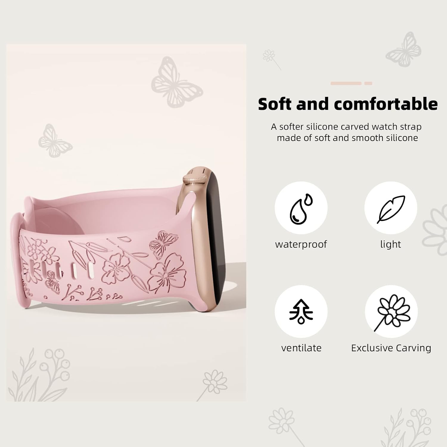 Paquete de 3 correas con grabado floral compatibles con Apple Watch de 1.575 pulgadas, 1.614 pulgadas, 1.496 pulgadas, 1.654 pulgadas, 1.732