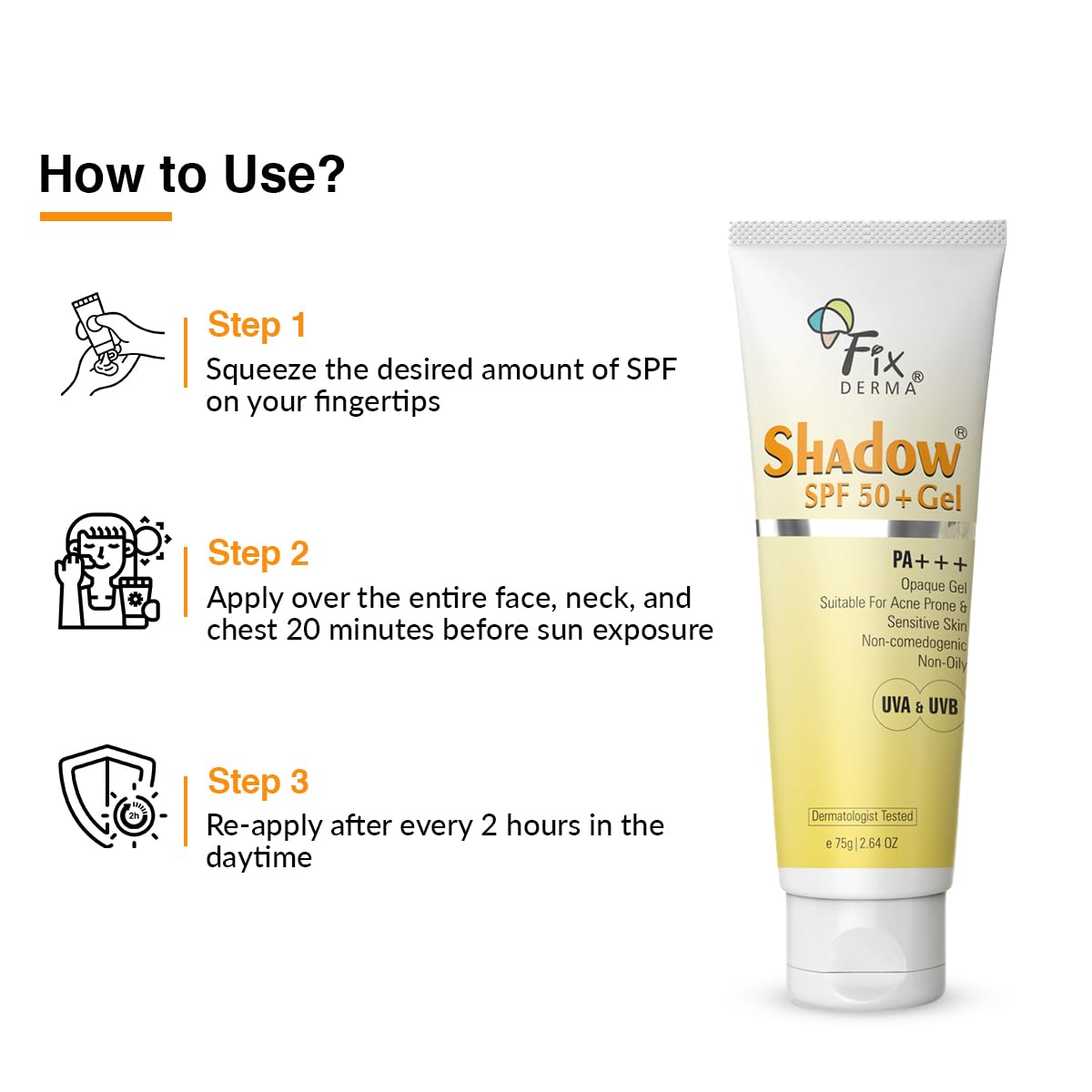 Fixderma Shadow SPF 50+ Gel, protector solar de dióxido de titanio y óxido de zinc  Protector solar para cara  Protector solar SPF 50 y protector
